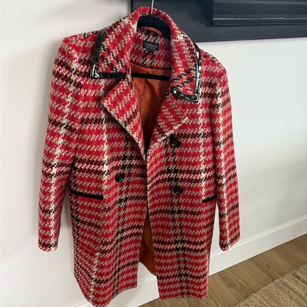 Topshop Red and Black Houndstooth Pea Coat